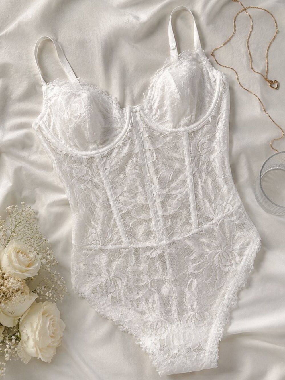 Lace Corset Bodysuit Small White Sheer Underwire Lingerie One Piece